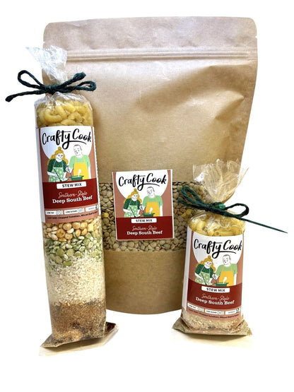 Crafty Cook Deep South Beef Stew Mix in a jar with a label, ready for making hearty beef stew.