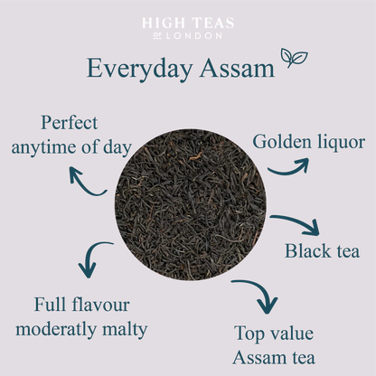 Assam Hunwal 2nd flush TGFOP1 tea leaves from High Teas, showing fresh, whole tea leaves with golden tips in a natural setting.
