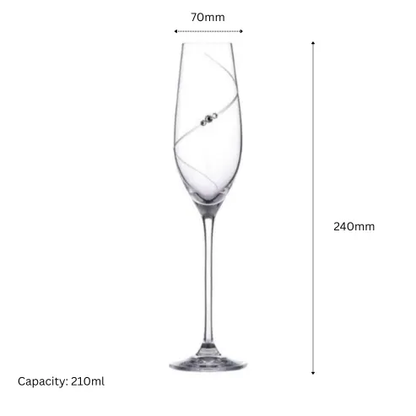Set of six Glassware UK champagne flutes with diamanté embellishments, shown with sizing details in the image.