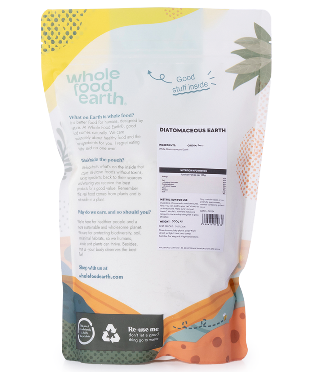 Whole Food Earth food grade diatomaceous earth mineral in a 500g bag, showing white powder with a resealable packaging.