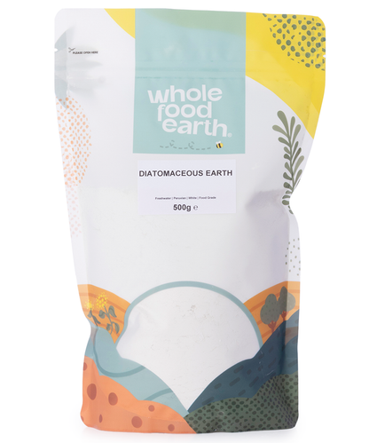 Food grade diatomaceous earth mineral from Whole Food Earth, showing a 500g bag of natural, white, powdery mineral for health and gardening.