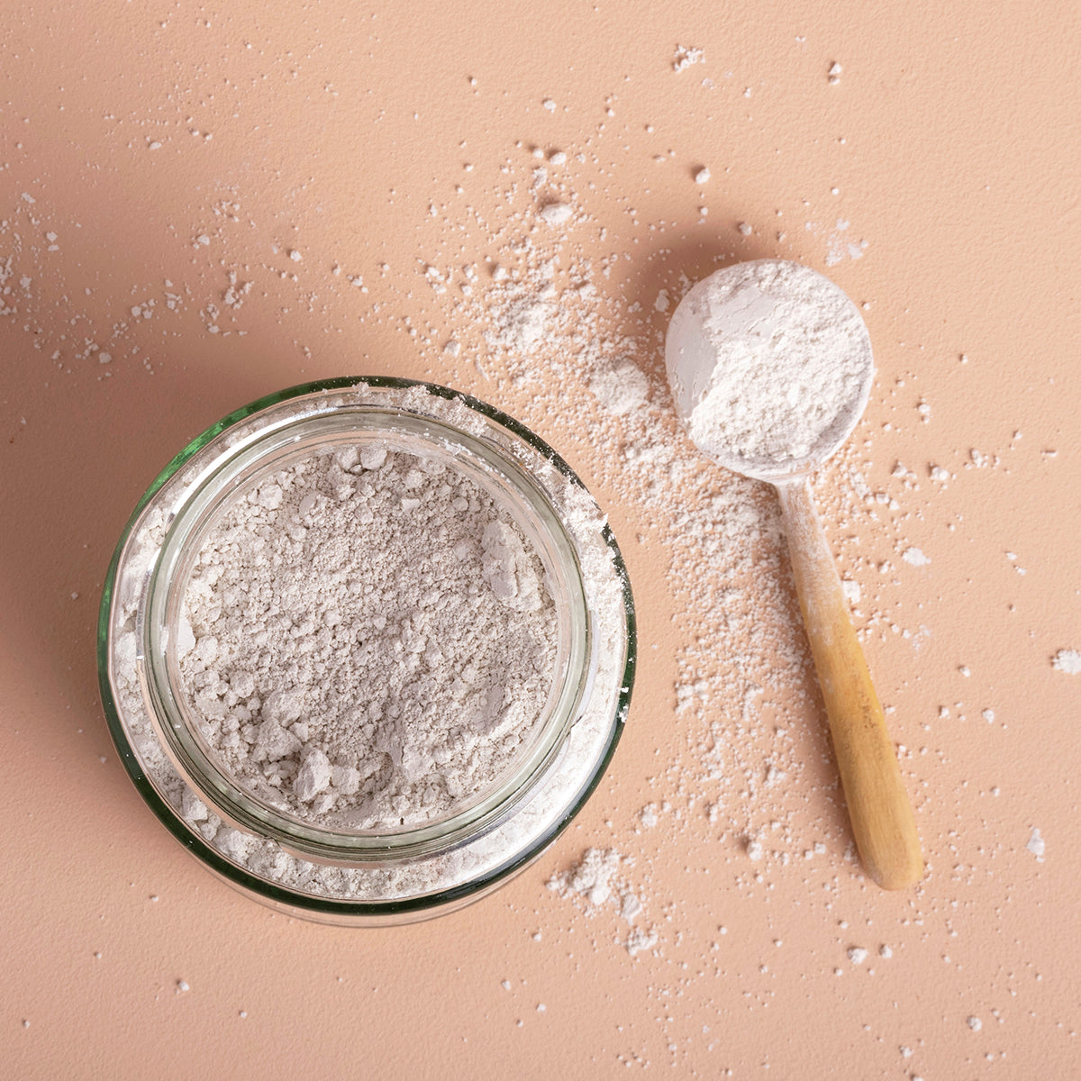 Food grade diatomaceous earth mineral from Whole Food Earth, showing a close-up of the fine, light-colored powder for natural health use.