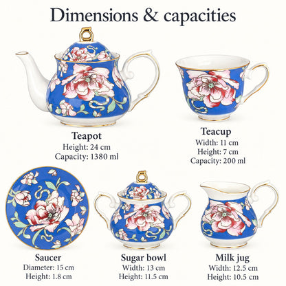 Dimensions guide for the KitchBoom Rosewood Garden Tea Set, a 15-piece service for six with cups, saucers, and teapot.