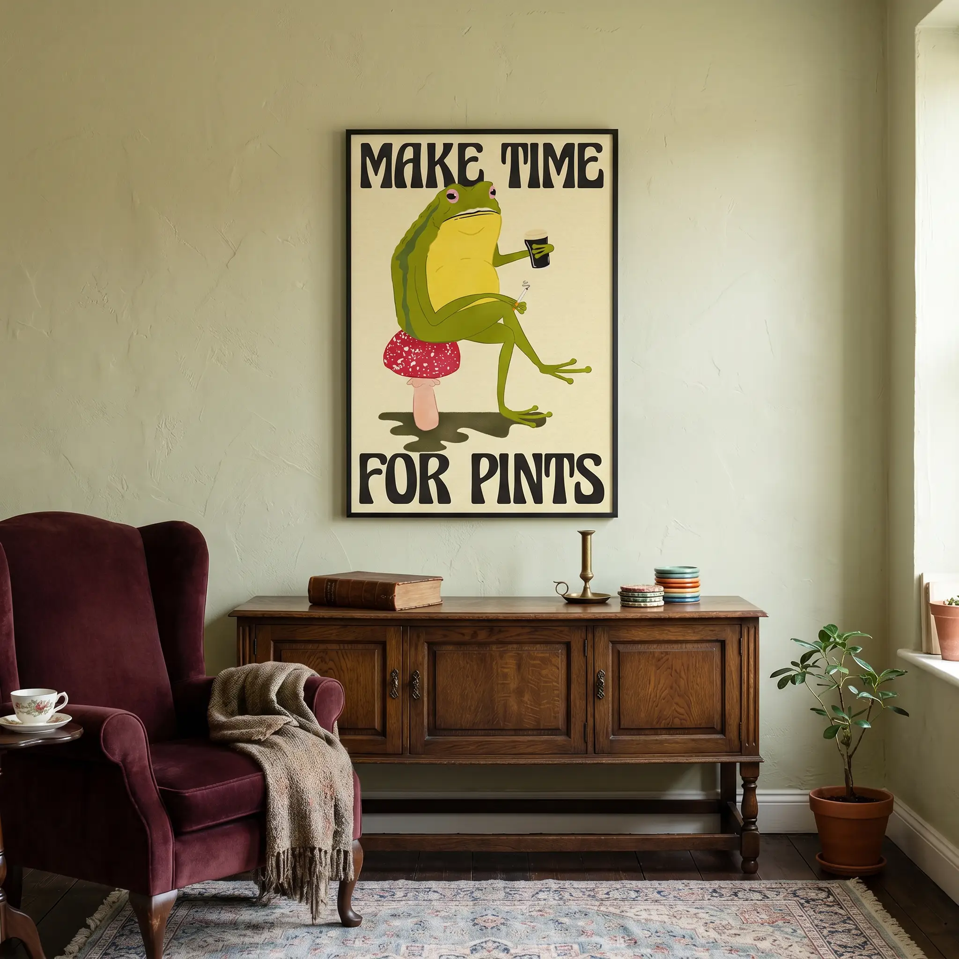 Framed artwork titled "Country Toad, Take Me Home" by Glassware UK, featuring a detailed illustration of a toad in a rural setting.