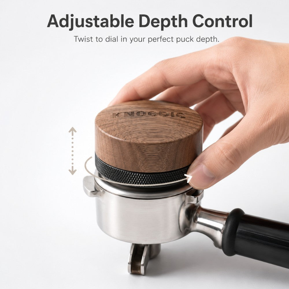 KNOCDIC® Walnut adjustable espresso distribution tool with ergonomic handle and precision adjustment for even coffee grounds distribution