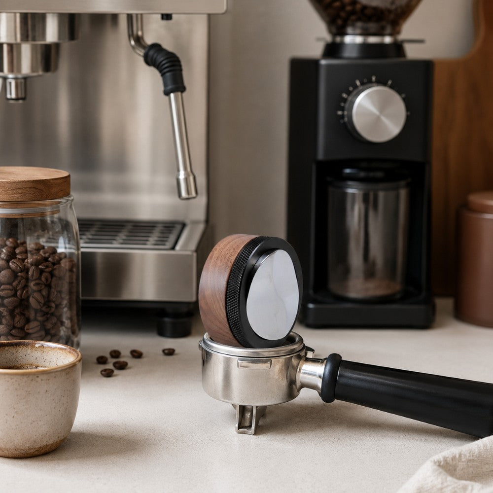 KNOCDIC Walnut Adjustable Espresso Distribution Tool shown in use for evenly distributing coffee grounds in a professional espresso basket.