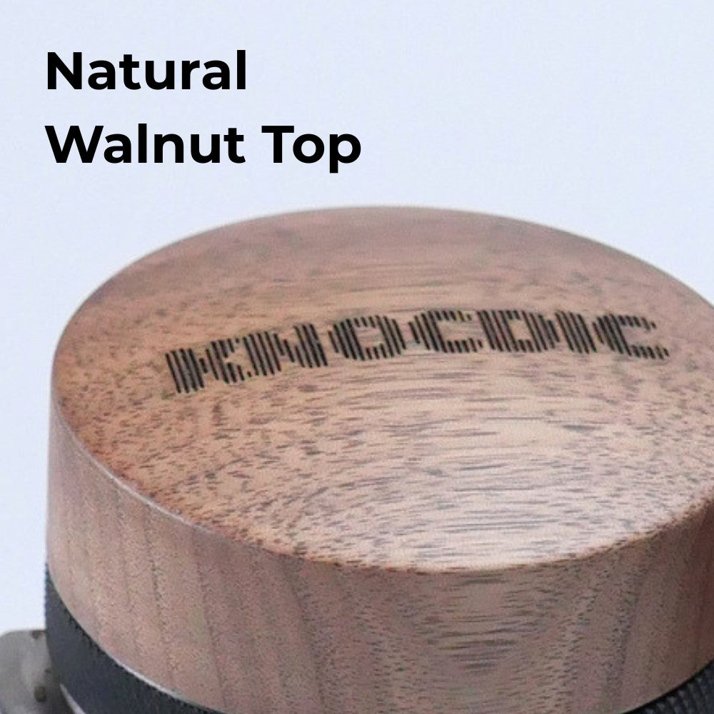 KNOCDIC® Walnut Adjustable Espresso Distribution Tool with walnut top for precise coffee tamping and even grounds distribution