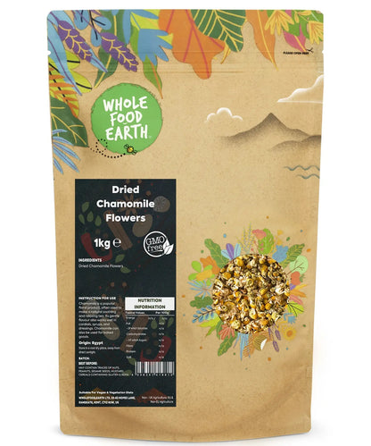 Dried chamomile flowers in a 1kg bag, loose herbal tea from Whole Food Earth, showcasing fresh, yellow and white chamomile blossoms.