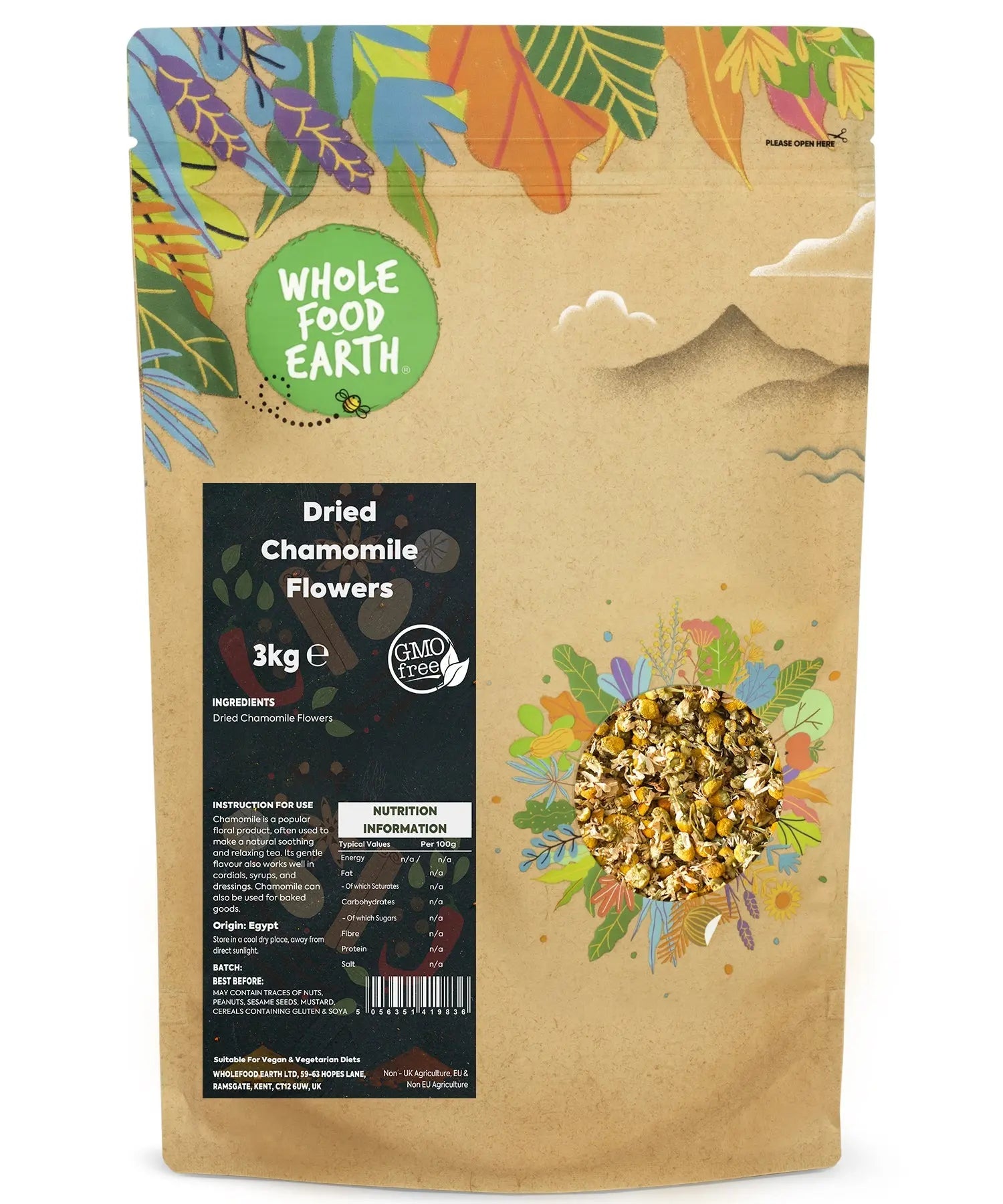 Dried chamomile flowers from Whole Food Earth, loose herbal tea for calming and soothing remedies.