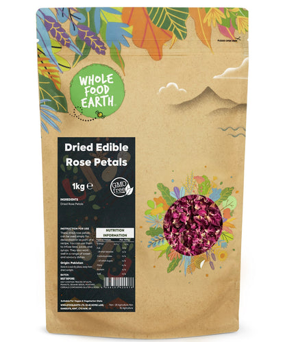 Dried edible rose petals from Whole Food Earth, 1kg, showing vibrant pink petals suitable for culinary and herbal uses.