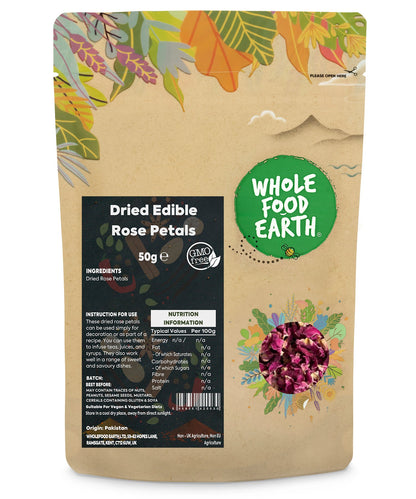 Dried edible rose petals from Whole Food Earth, 50g, colorful, delicate petals used as herbs and spices for culinary and decorative purposes.