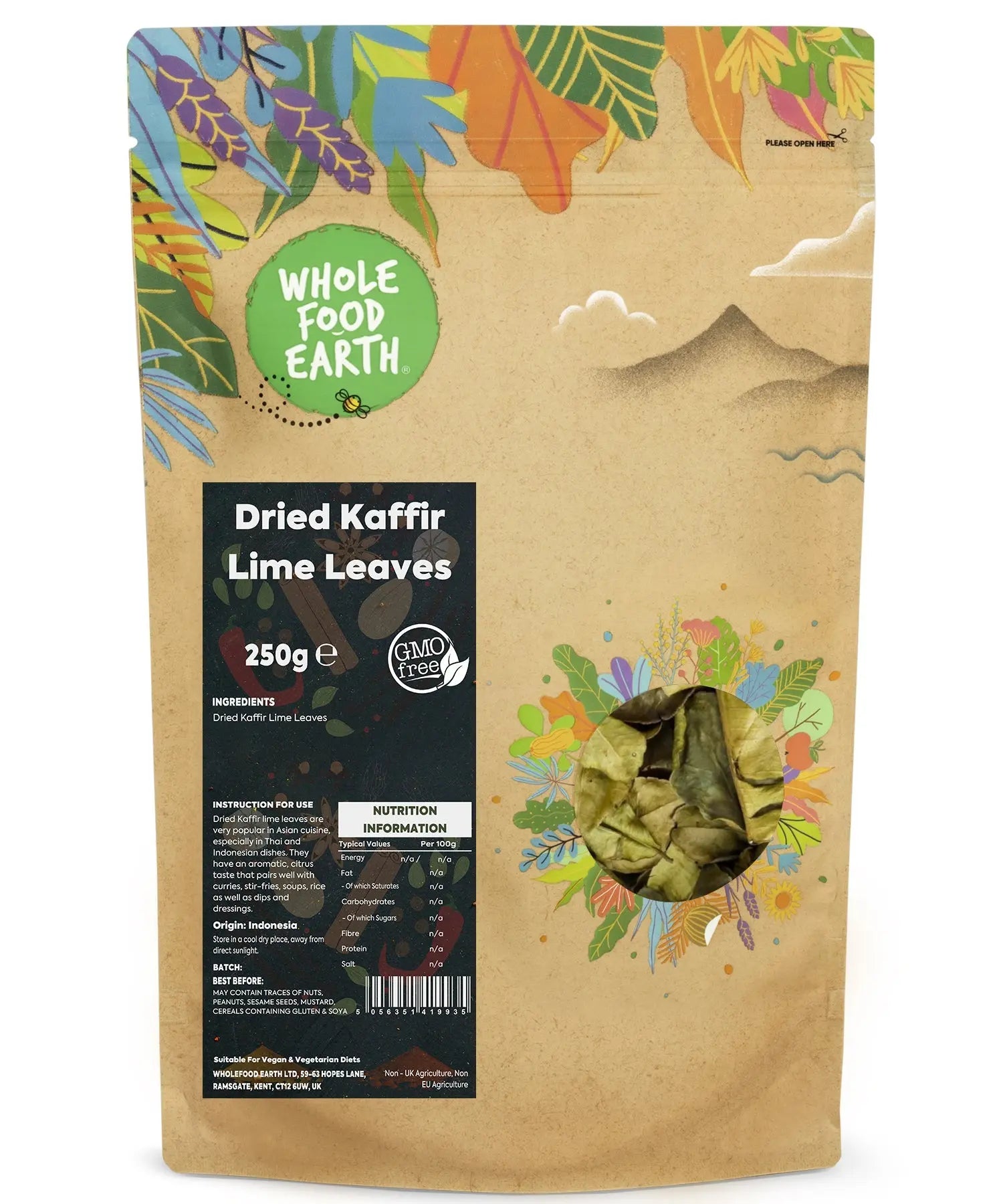 Dried kaffir lime leaves from Whole Food Earth, fresh herbs and spices for cooking, in a 250g package.