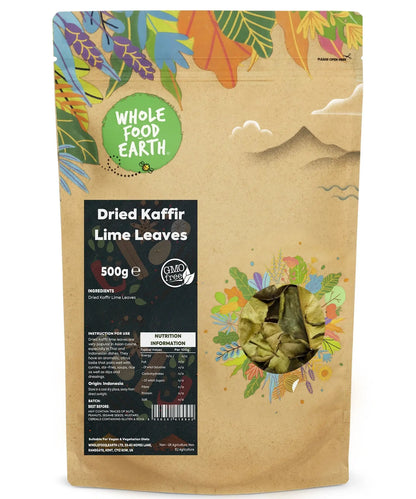 Dried kaffir lime leaves in a 500g package from Whole Food Earth, fresh herbs and spices for cooking and flavoring dishes.