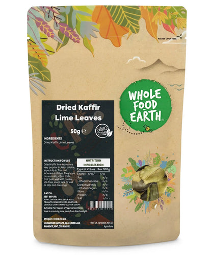 Dried Kaffir lime leaves from Whole Food Earth, aromatic herbs and spices for cooking and flavoring dishes.