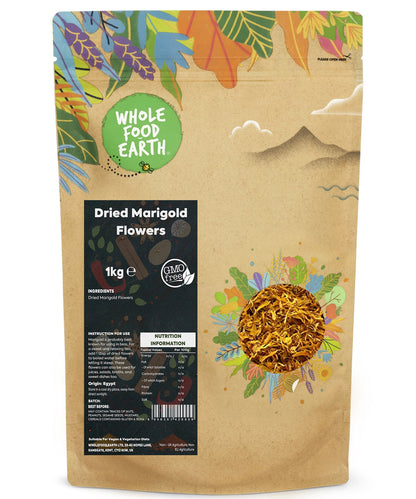 Dried marigold flowers from Whole Food Earth, 1kg, herbal spice with vibrant orange blooms for culinary and medicinal use.