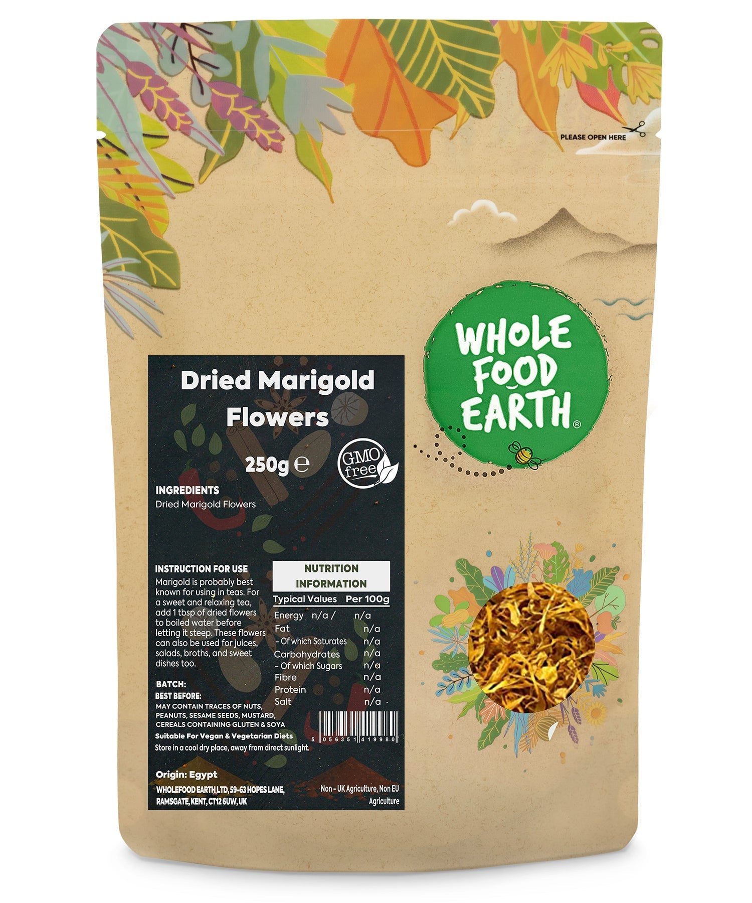 Dried marigold flowers from Whole Food Earth, herbal spice in a 250g package, showing vibrant orange and yellow dried petals.
