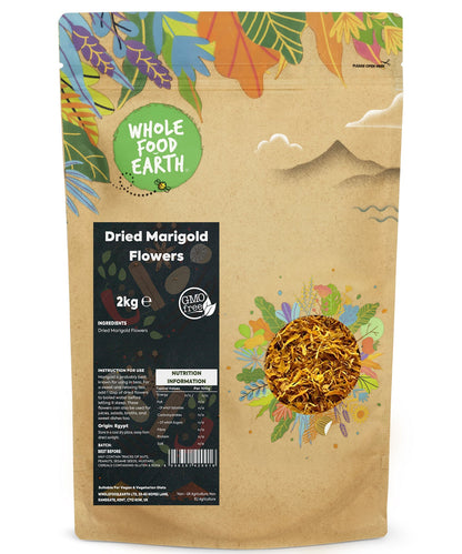 Dried marigold flowers from Whole Food Earth, herb and spice for culinary and herbal uses, shown in a 2kg package.