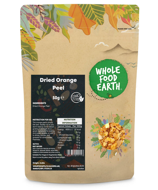 Dried orange peel herbs and spices from Whole Food Earth in a 50g package, showing vibrant orange dried citrus peel.