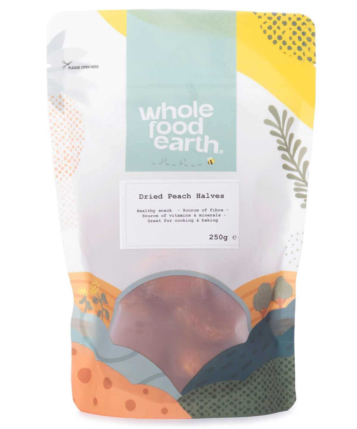 Dried peach halves from Whole Food Earth, showing golden-orange dried fruit pieces on a white background.
