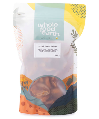 Dried peach halves from Whole Food Earth, dried fruits, showing golden-brown, sliced peach pieces in a 1kg package.