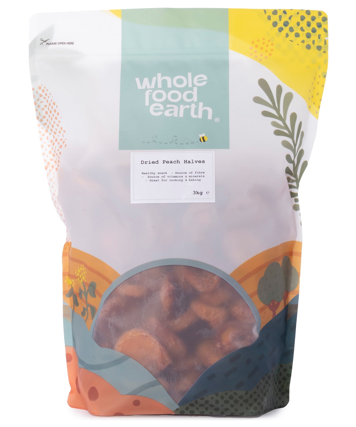 Dried peach halves from Whole Food Earth, showing bright orange, sliced dried fruit with a textured surface and natural appearance.