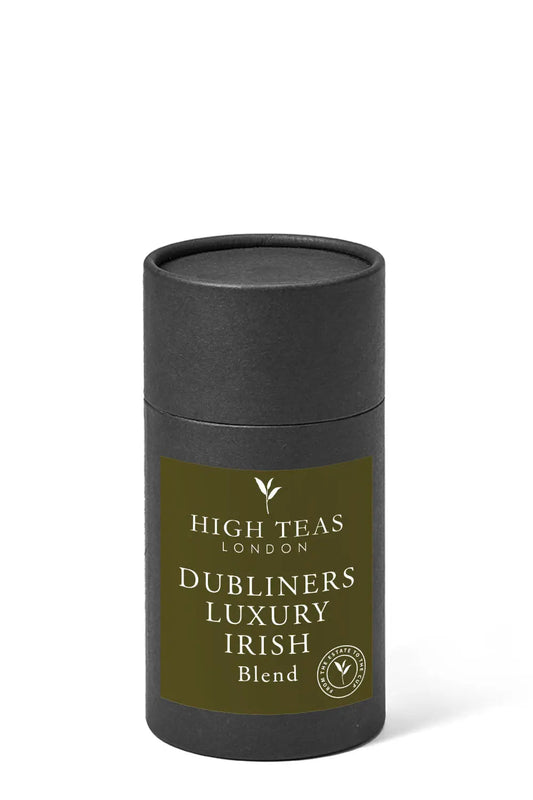 Loose leaf Irish breakfast tea from Dubliners Luxury by High Teas, featuring dark, fragrant tea leaves in a stylish tin.