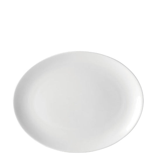 Pure white oval plate from Glassware UK, 25.5cm, smooth ceramic surface, perfect for serving dishes in a modern kitchen.