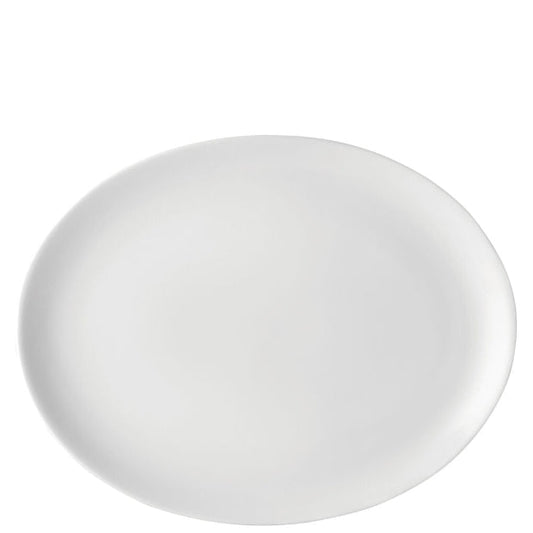 Pure white oval ceramic plate from Glassware UK, 30cm (12-inch) size, showcasing smooth glossy surface and elegant shape.