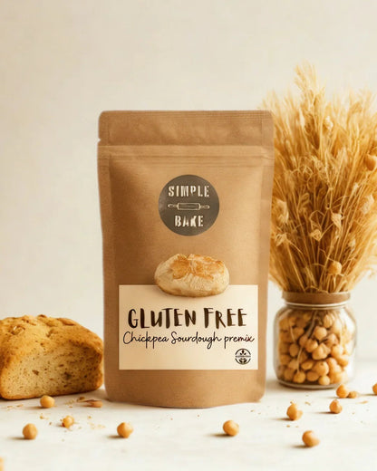 Simple Bake gluten-free chickpea bread premix in a bag, showing the baking instructions and ingredients on the package.