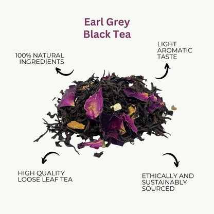 Camellios Premium loose leaf Earl Grey tea bundle with tea infusions and natural tea leaves in a clear container.