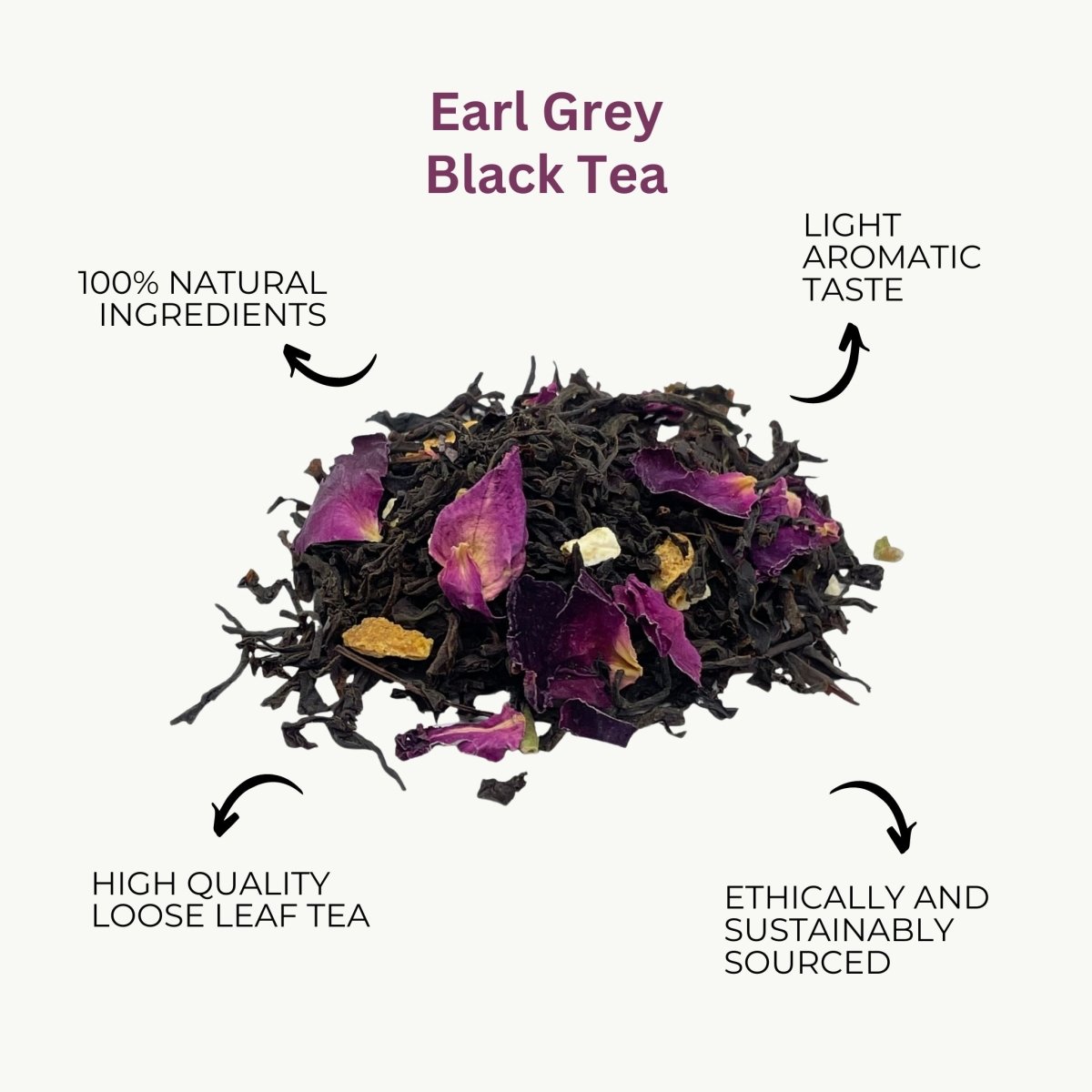 Camellios loose leaf tea set with Earl Grey tea, featuring a tin can, loose tea leaves, and a tea infuser on a wooden surface.