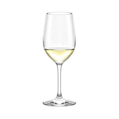 Set of six Stolzle Event white wine glasses with 360ml capacity, clear glassware for elegant wine serving.