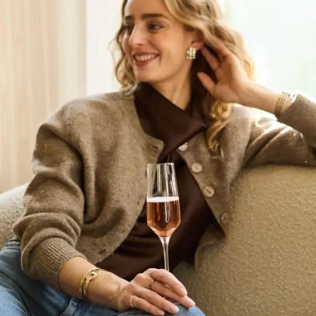 Set of six Stolzle Experience champagne flutes, 190ml capacity, clear glassware for elegant sparkling wine presentation.