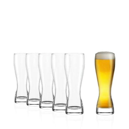 Set of six Stolzle beer tankard glasses with 670ml capacity, clear glassware from Glassware UK, shown arranged on a surface.
