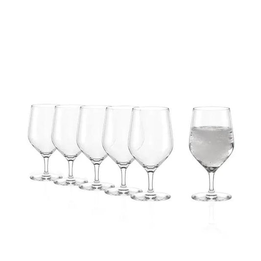 Six Stolzle Ultra Mineral Water Glasses, 450ml whisky tumblers by Glassware UK, shown in a set on a wooden table.
