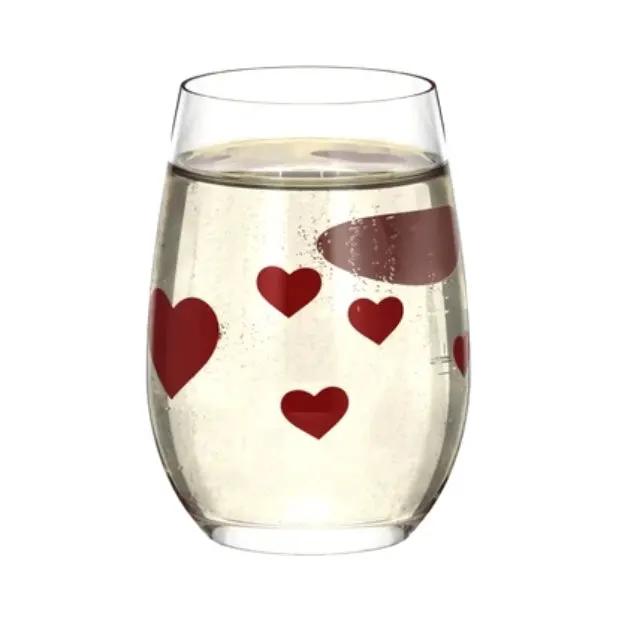 Set of six L'Amour Red Heart whisky tumblers from Glassware UK, 335ml capacity, clear glass with red heart design.