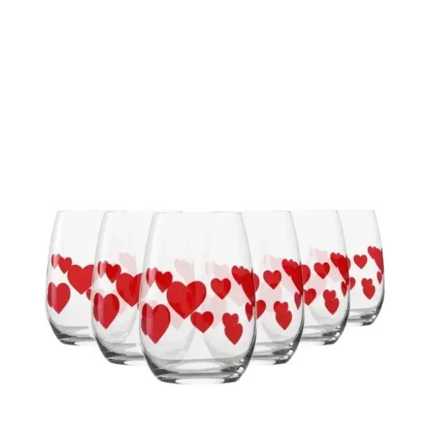 Six L'Amour Red Heart whisky tumblers from Glassware UK, 335ml set, clear glass with red heart design, perfect for whiskey.