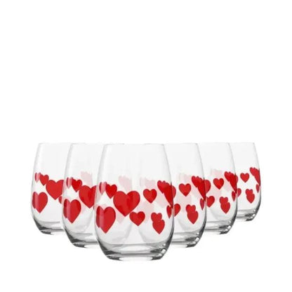Six L'Amour Red Heart whisky tumblers from Glassware UK, 335ml set, clear glass with red heart design, perfect for whiskey.