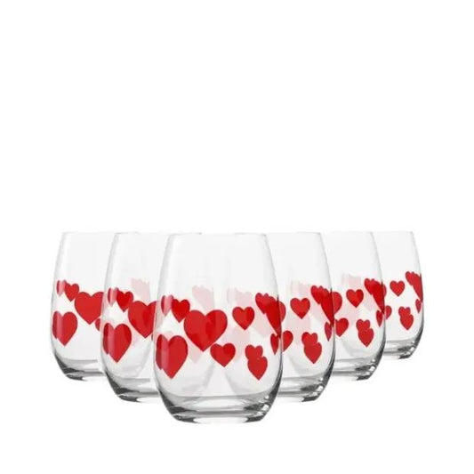 Six clear red heart whisky tumblers by Glassware UK, 335ml each, displayed on a wooden surface.