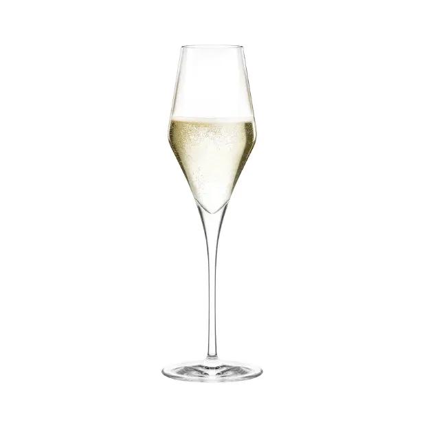 Two Stolzle Quatrophil champagne flutes with LED lighting in a gift box, elegant glassware for celebratory occasions.