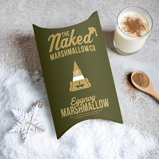 Gourmet eggnog-flavored marshmallow by THE MARSHMALLOW FACTORY, soft, fluffy marshmallow with eggnog aroma and festive presentation