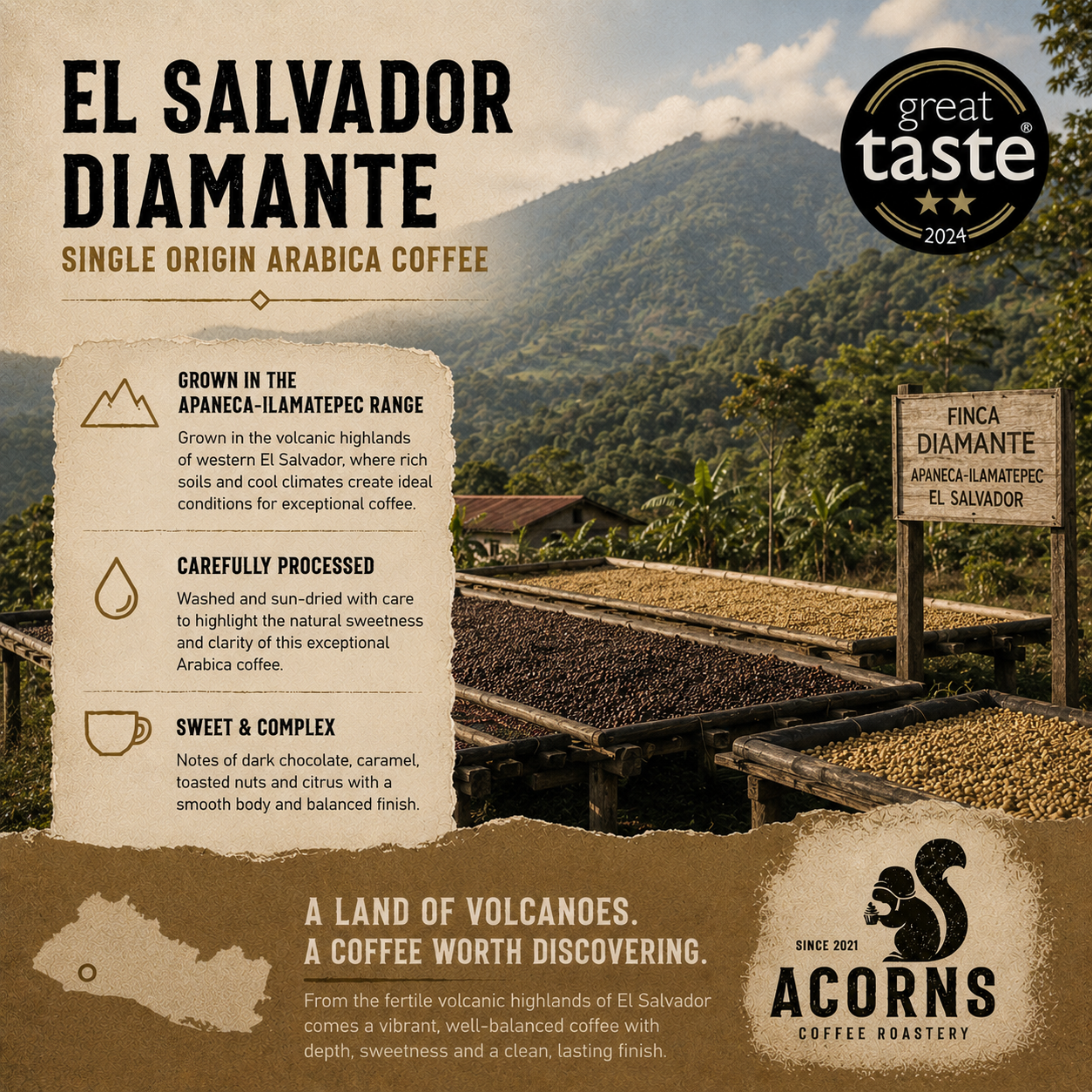 El Salvador Diamante medium roast coffee beans by Acorns Coffee & Cake, volcanic soil-grown, fresh and aromatic.