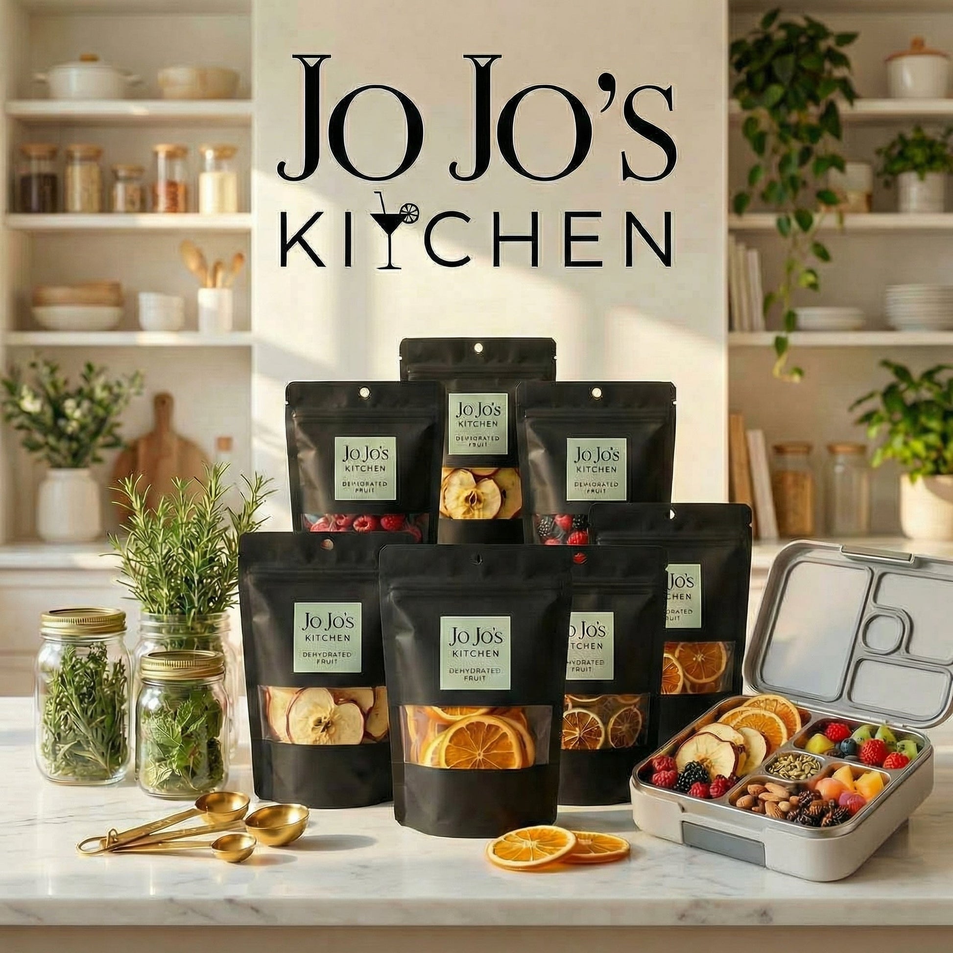 JoJo’s Kitchen Healthy Snack Discovery Box variety pack with colorful, individually wrapped snack portions on a kitchen countertop.