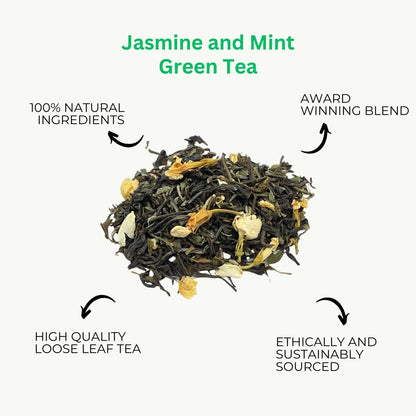 Assorted loose leaf teas from Camellios, including English Breakfast tea in a clear glass jar with tea leaves and infusions.