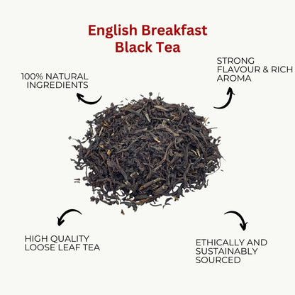 Camellios Premium Loose Leaf English Breakfast Tea bundle with dark tea leaves and herbal infusions in a clear container.