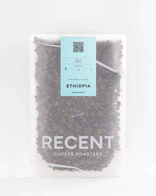 Ethiopian coffee beans from Recent Beans' Awash River coffee, showcasing roasted beans with rich, earthy tones and natural texture.