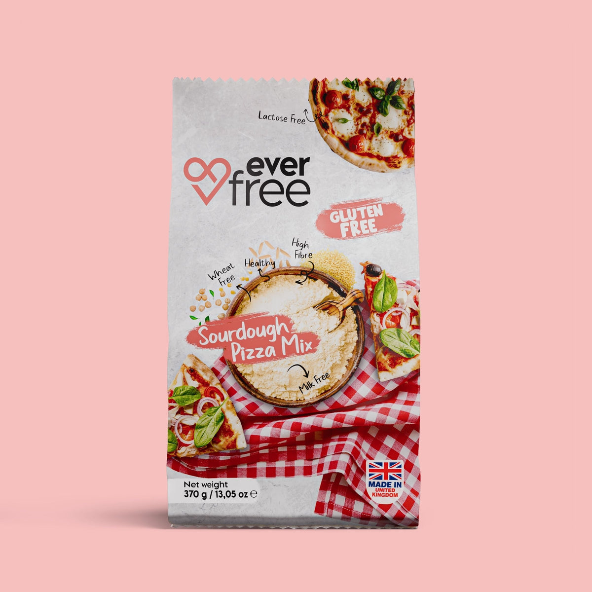 EverFree gluten-free pizza mix 350g pack of 3, showing the colorful packaging and product label.