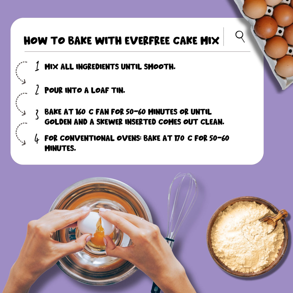 EverFree gluten-free cake mix 350g pack of 3 with cooking instructions displayed on the packaging.