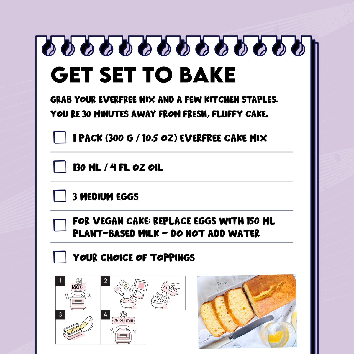 EverFree gluten-free cake mix 350g, pack of 3, showing a bowl of prepared cake batter ready for baking.