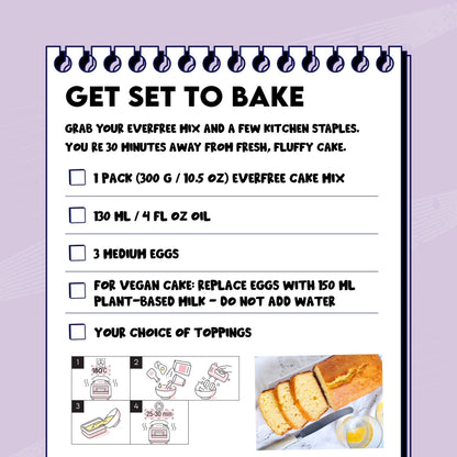 EverFree gluten-free cake mix 350g, pack of 3, showing a bowl of prepared cake batter ready for baking.